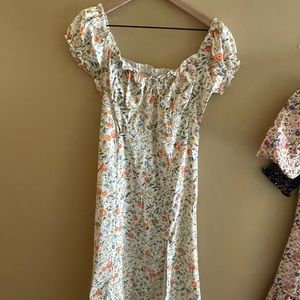 Silky peasant short puff sleeve floral dress midi